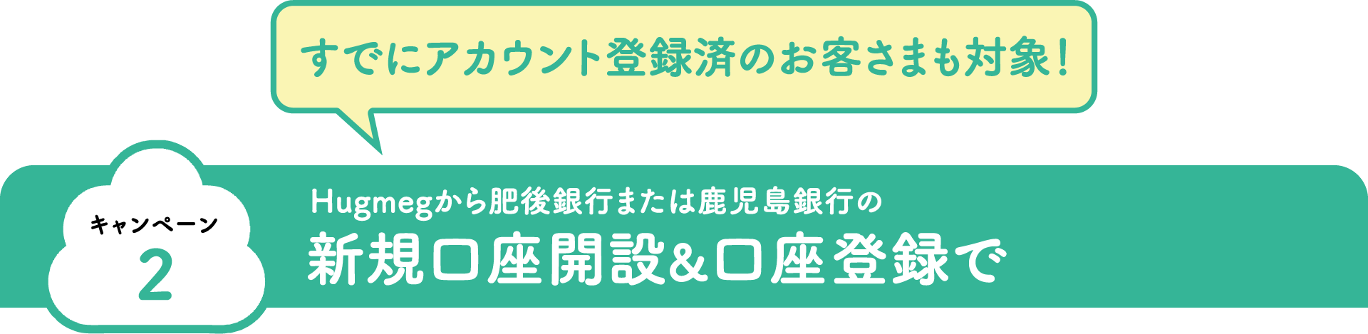 すでにアカウント登録済のお客さまも対象！キャンペーン2 Hugmegから肥後銀行または鹿児島銀行の新規口座開設&口座登録で